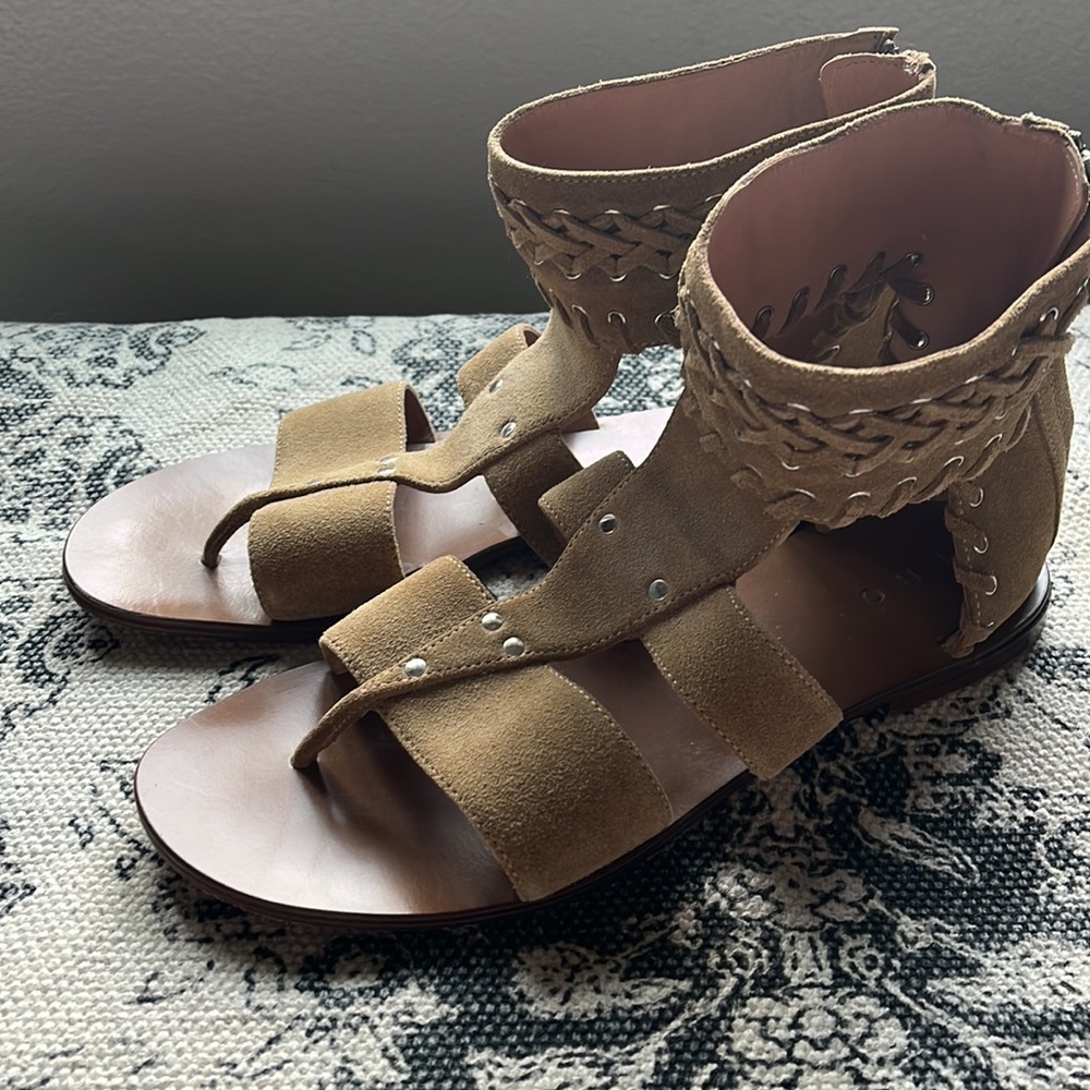IRO Suede Whipstitch Trim Gladiator Sandals Leather Zipper Back Ankle Cuff Boho
